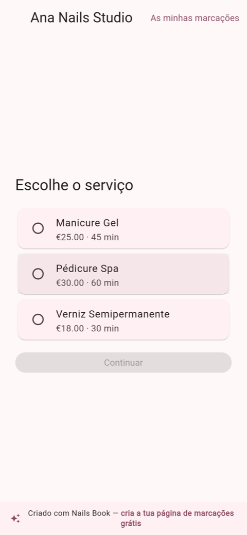 Página pública de marcações do Nails Book, onde a cliente escolhe o serviço